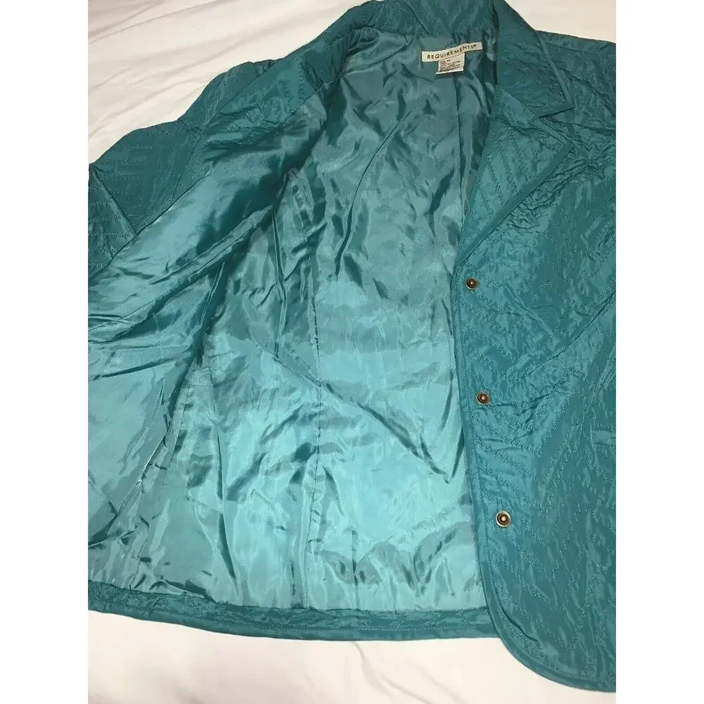 XL Requirements Green Quilted Lined Jacket Blazer Brass Snaps Faux Pockets EUC